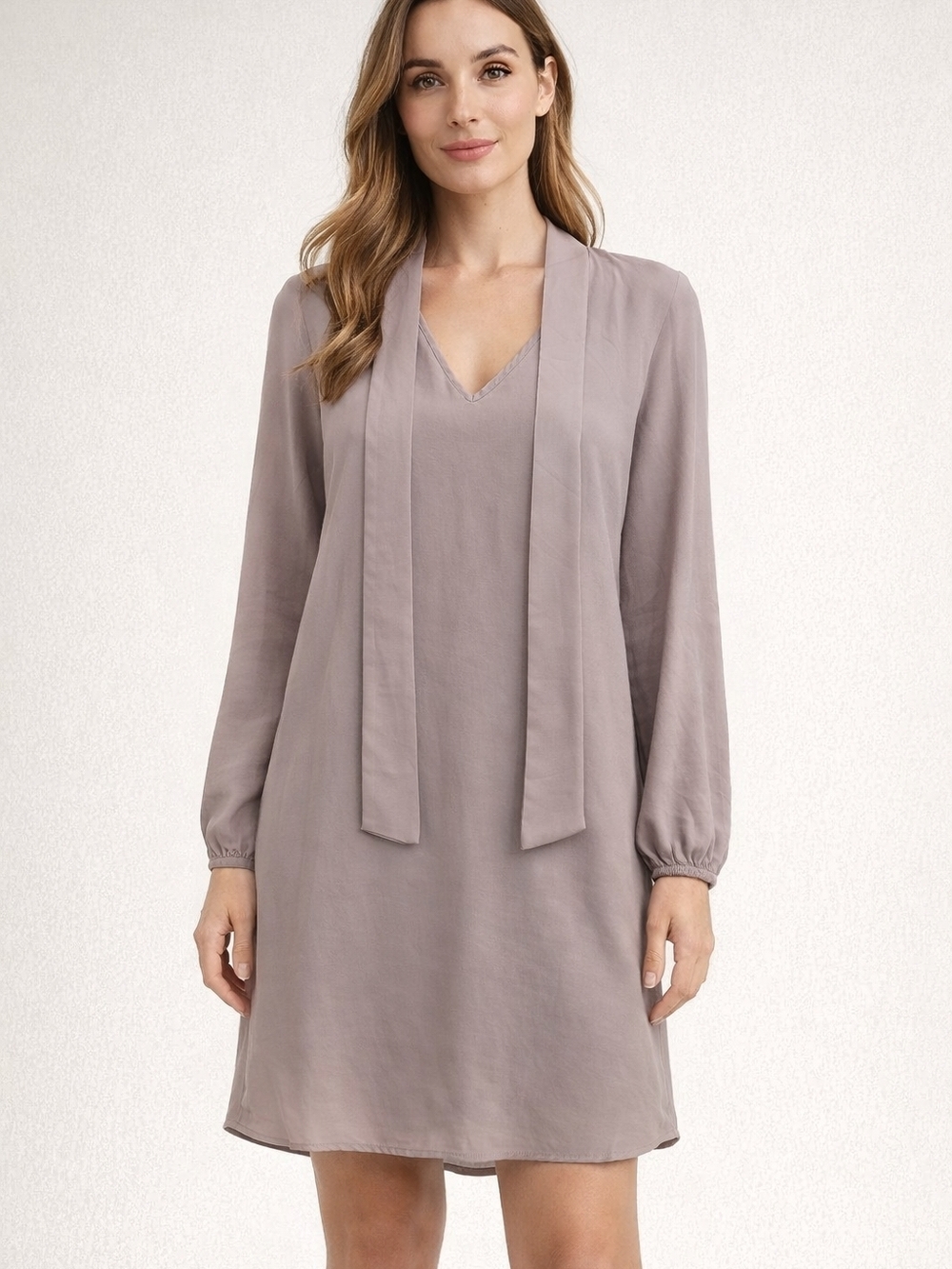 Talula Dusty Mauve V-Neck Tie-Neck Long-Sleeve Dress